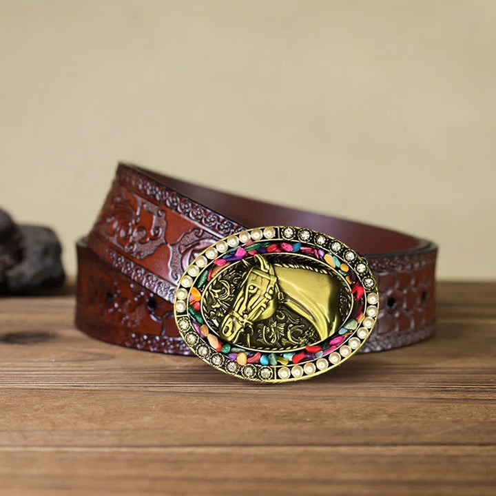 Cinturón de cuero con hebilla de piedra perlada y caballo de bronce para hombre