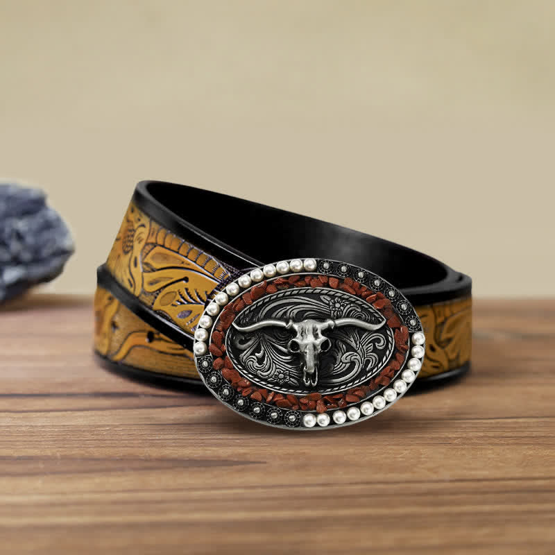 Cinturón de cuero con hebilla de toro y piedras de perla brillantes para hombre hecho a mano