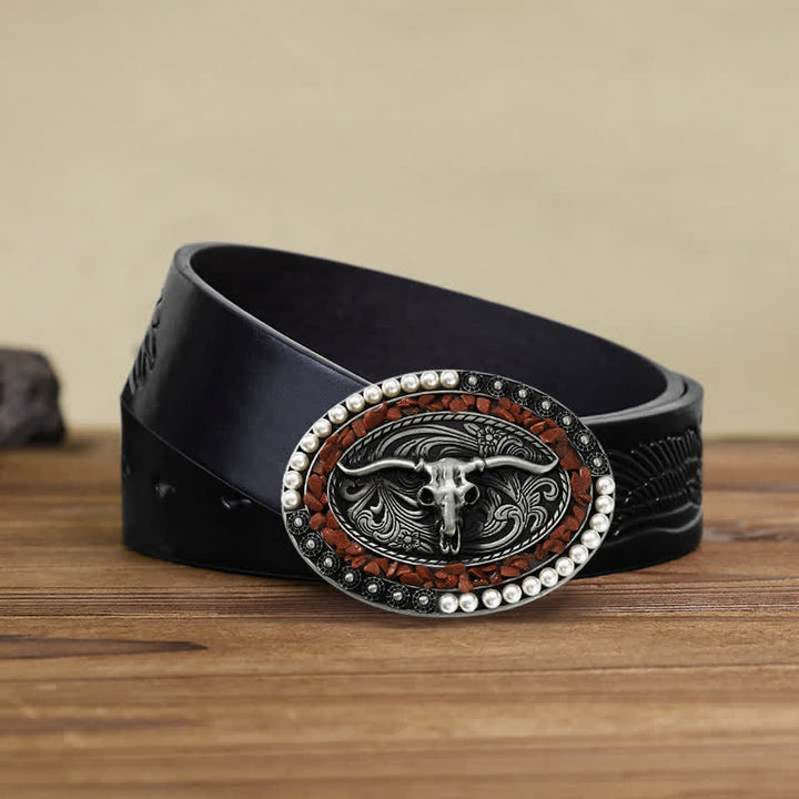 Cinturón de cuero con hebilla de toro y piedras de perla brillantes para hombre hecho a mano