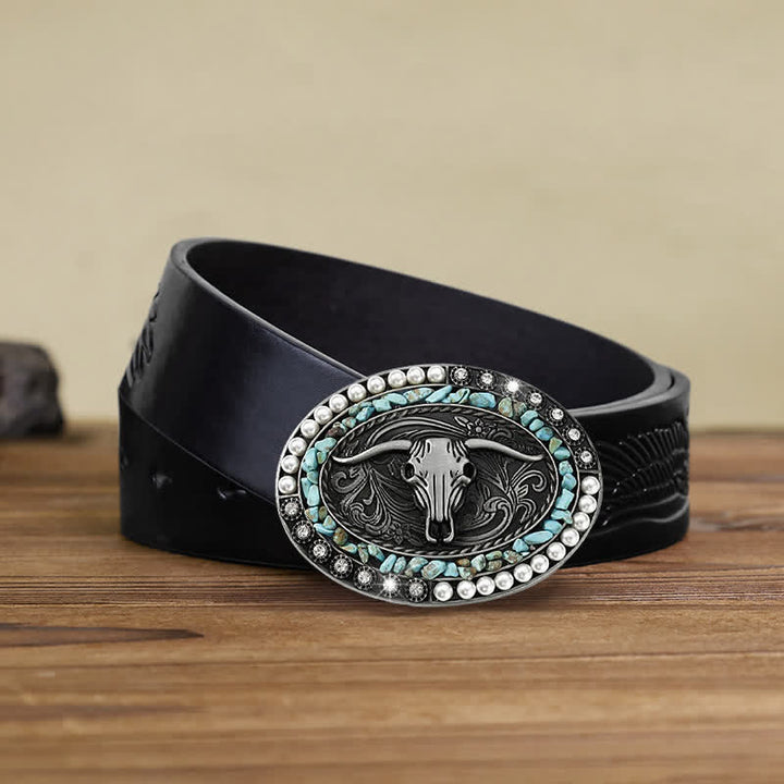 Cinturón de cuero con hebilla de toro y piedras de perla brillantes para hombre hecho a mano