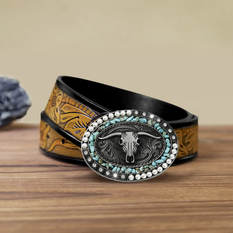 Cinturón de cuero con hebilla de toro y piedras de perla brillantes para hombre hecho a mano