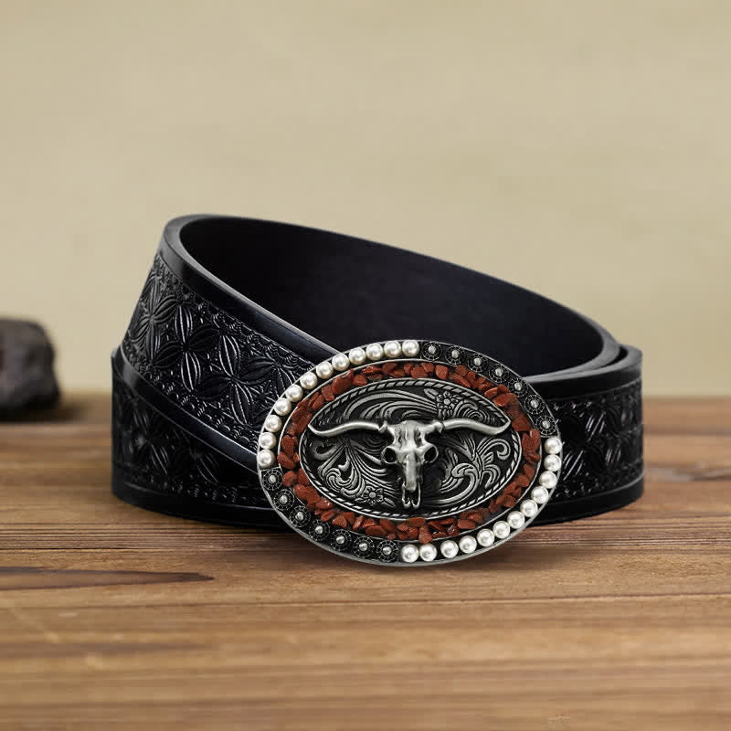 Cinturón de cuero con hebilla de toro y piedras de perla brillantes para hombre hecho a mano
