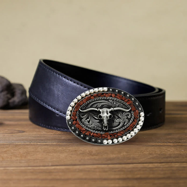 Cinturón de cuero con hebilla de toro y piedras de perla brillantes para hombre hecho a mano