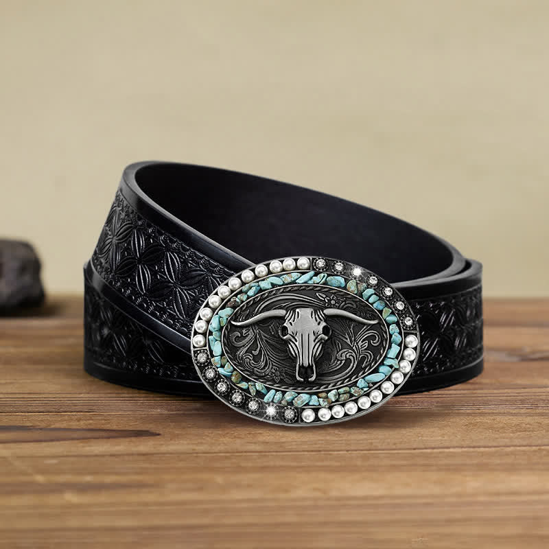 Cinturón de cuero con hebilla de toro y piedras de perla brillantes para hombre hecho a mano