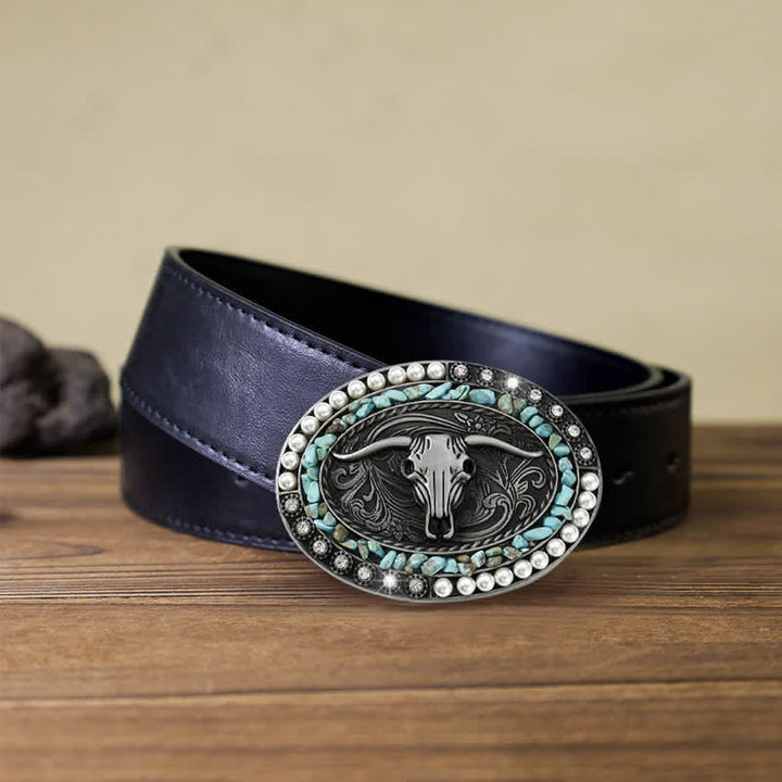 Cinturón de cuero con hebilla de toro y piedras de perla brillantes para hombre hecho a mano