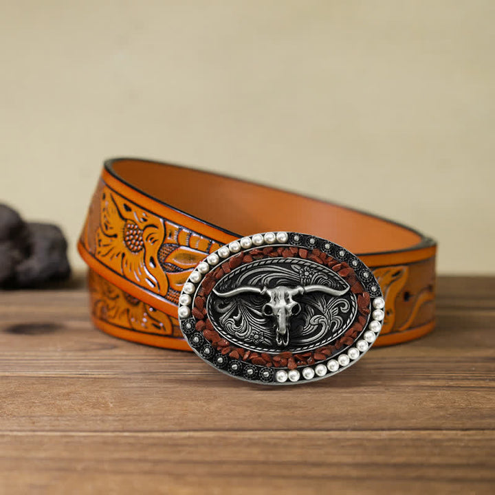 Cinturón de cuero con hebilla de toro y piedras de perla brillantes para hombre hecho a mano