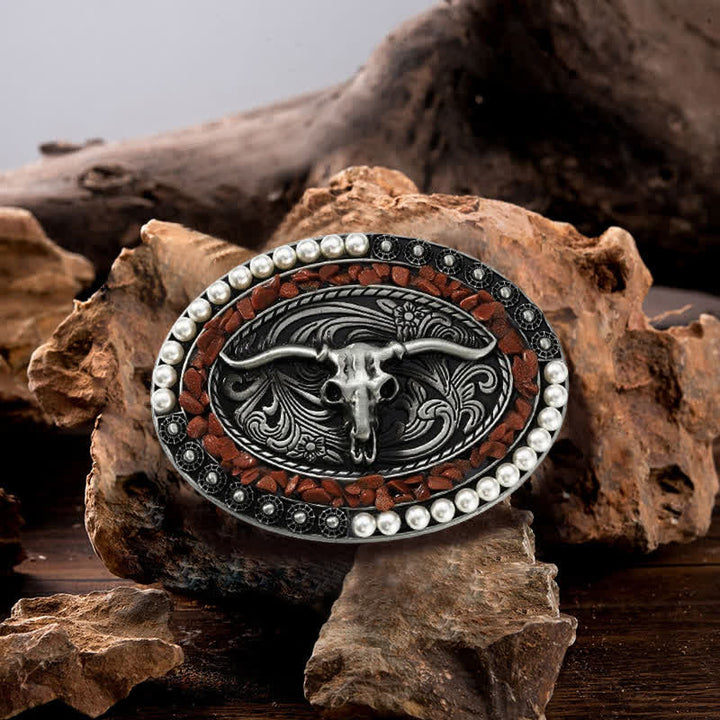 Cinturón de cuero con hebilla de toro y piedras de perla brillantes para hombre hecho a mano