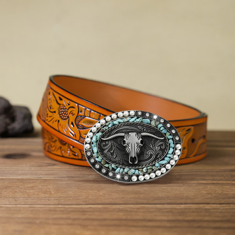 Cinturón de cuero con hebilla de toro y piedras de perla brillantes para hombre hecho a mano