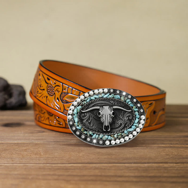 Cinturón de cuero con hebilla de toro y piedras de perla brillantes para hombre hecho a mano
