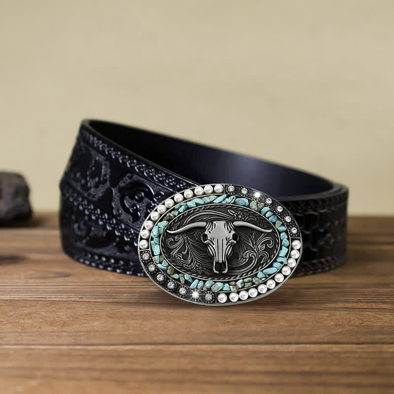 Cinturón de cuero con hebilla de toro y piedras de perla brillantes para hombre hecho a mano
