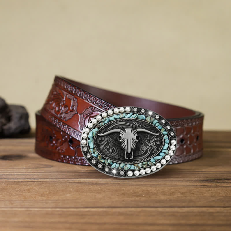 Cinturón de cuero con hebilla de toro y piedras de perla brillantes para hombre hecho a mano