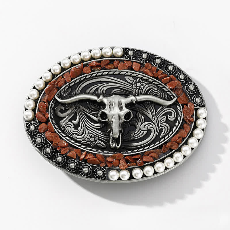 Cinturón de cuero con hebilla de toro y piedras de perla brillantes para hombre hecho a mano
