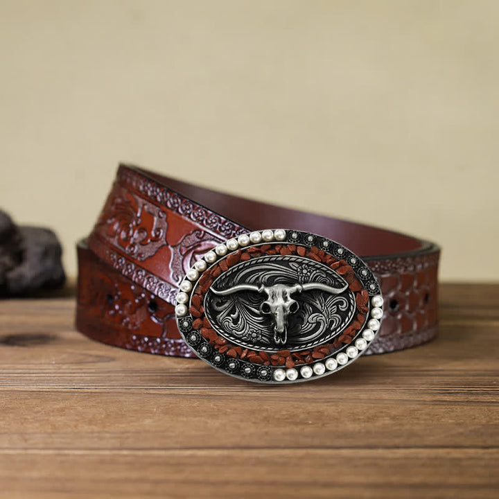 Cinturón de cuero con hebilla de toro y piedras de perla brillantes para hombre hecho a mano