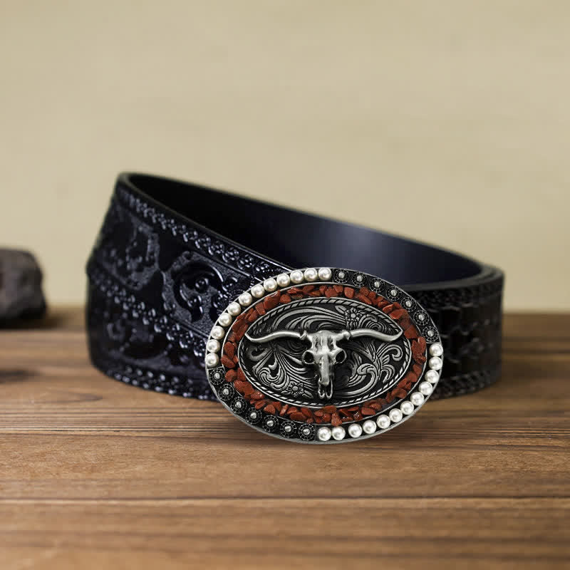 Cinturón de cuero con hebilla de toro y piedras de perla brillantes para hombre hecho a mano