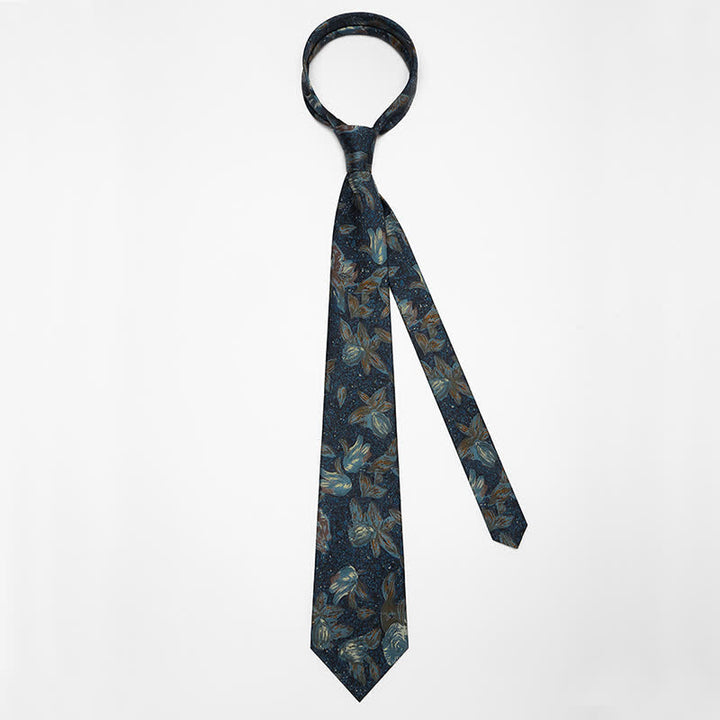 Corbata para hombre con estampado floral retro en azul marino con pintura al óleo