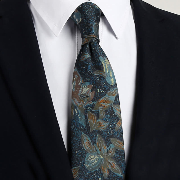 Corbata para hombre con estampado floral retro en azul marino con pintura al óleo