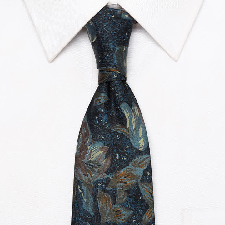 Corbata para hombre con estampado floral retro en azul marino con pintura al óleo
