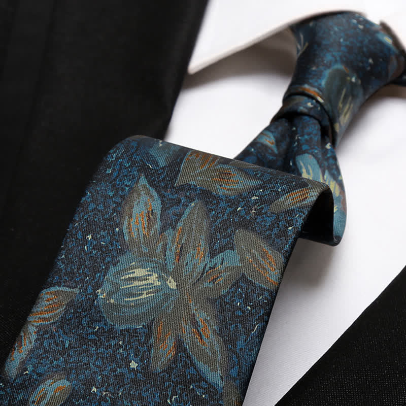 Corbata para hombre con estampado floral retro en azul marino con pintura al óleo