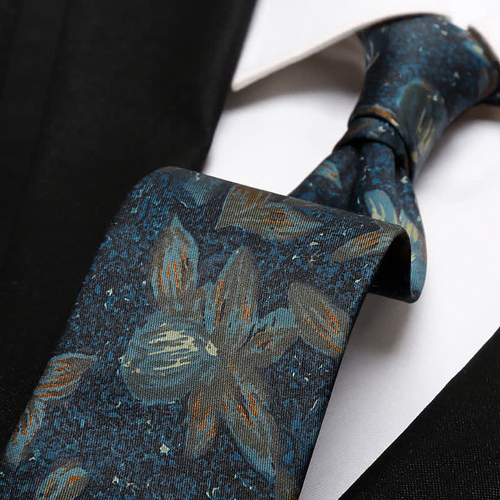 Corbata para hombre con estampado floral retro en azul marino con pintura al óleo
