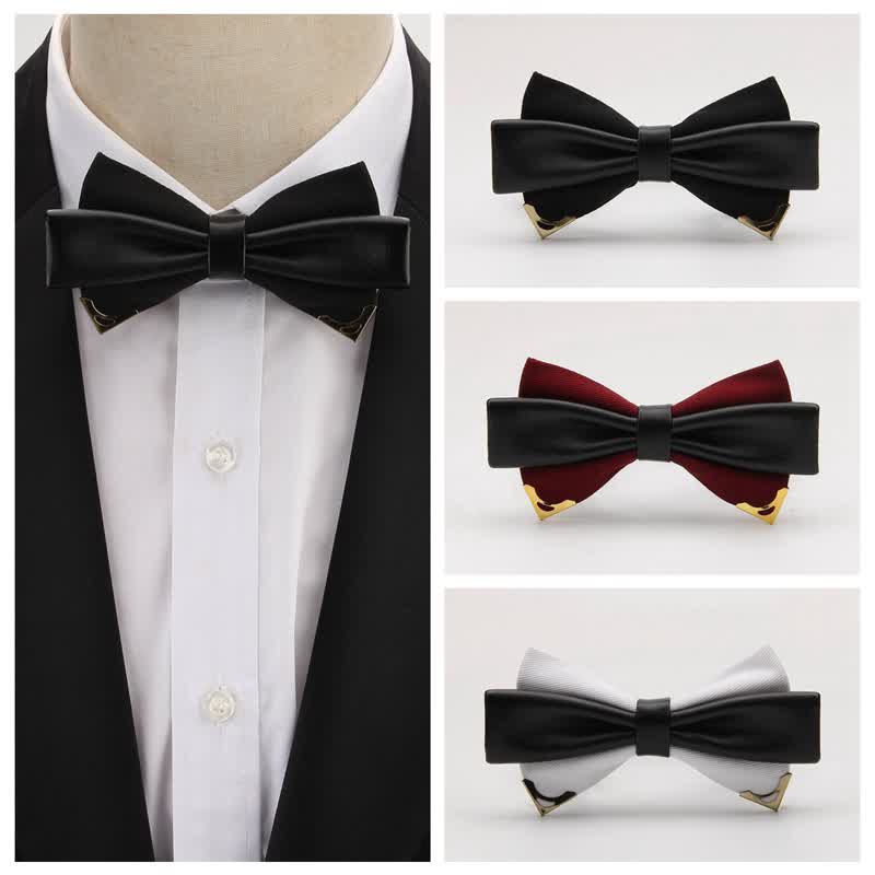 Pajarita de cuero doble con borde de metal dorado para hombre