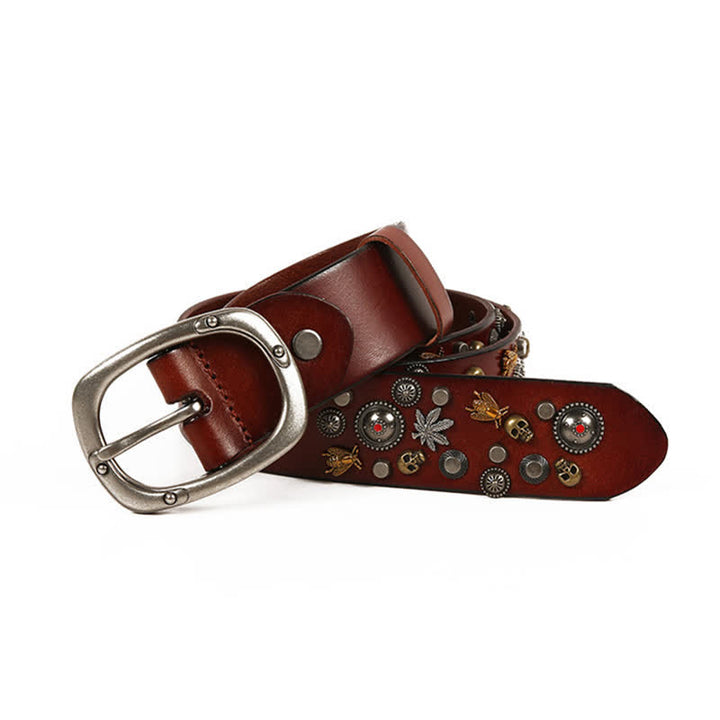 Cinturón de cuero con remaches de arce y calavera gótica con abeja