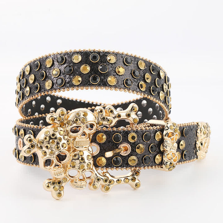 Cinturón de cuero con remaches de diamantes de imitación y mini calaveras con tachuelas brillantes