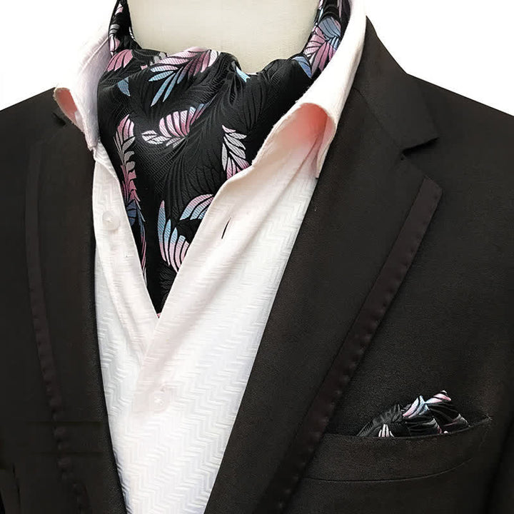 Conjunto de 2 pañuelos de bolsillo y corbata negros con hojas rosas
