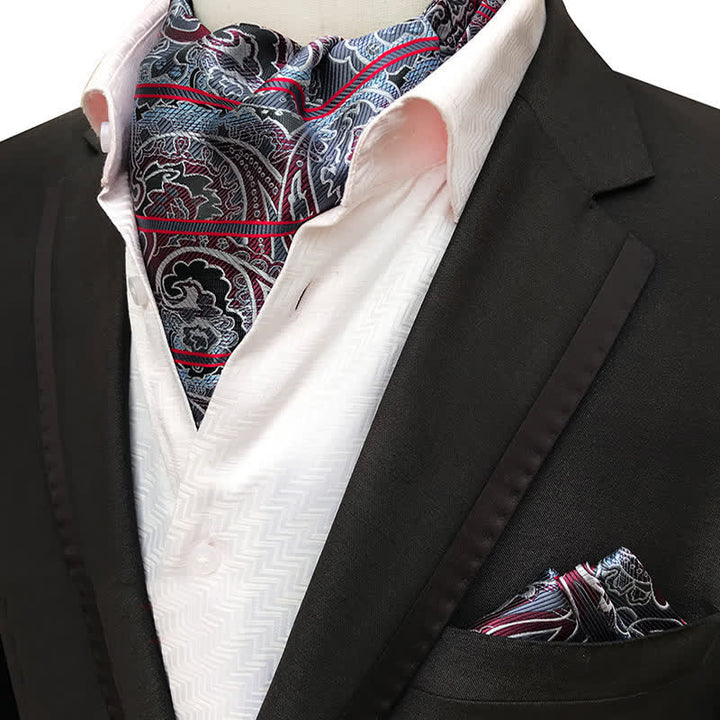 Conjunto de 2 pañuelos de bolsillo y corbata con estampado de cachemira gris y rayas rojas
