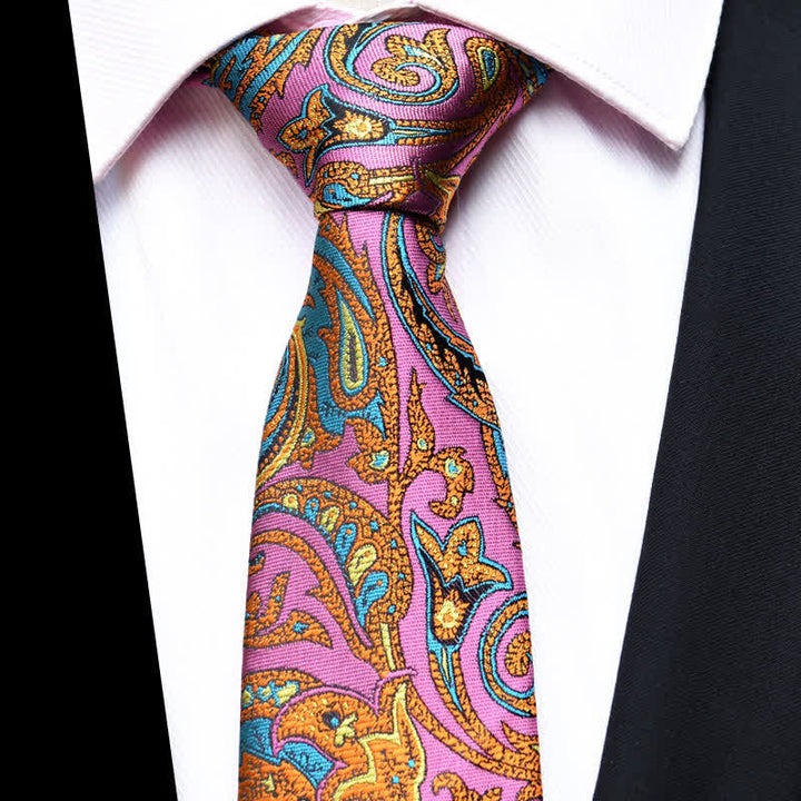 Corbata de hombre con estampado de cachemira vibrante con flores rosas y doradas