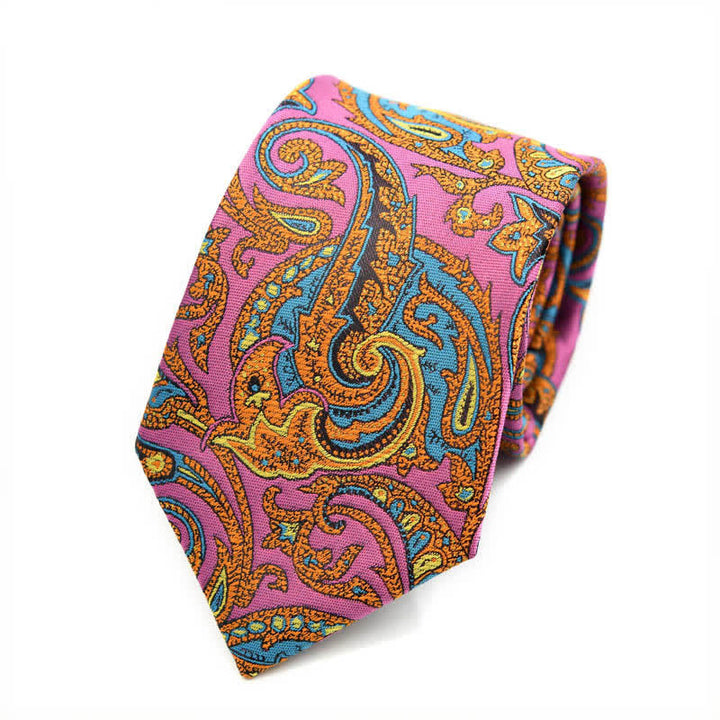 Corbata de hombre con estampado de cachemira vibrante con flores rosas y doradas