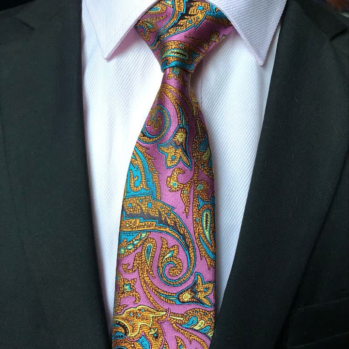 Corbata de hombre con estampado de cachemira vibrante con flores rosas y doradas