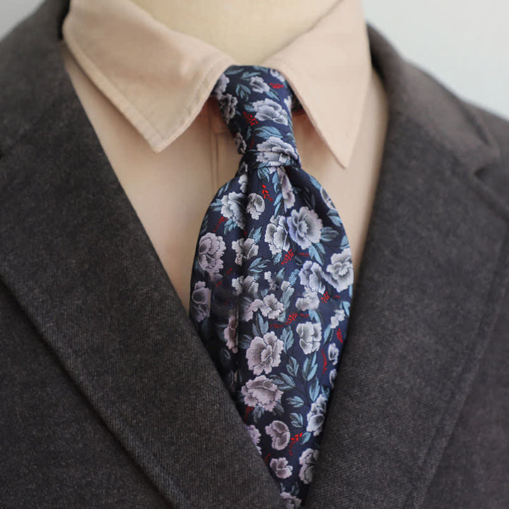 Corbata informal de negocios con diseño floral gris y azul marino para hombre