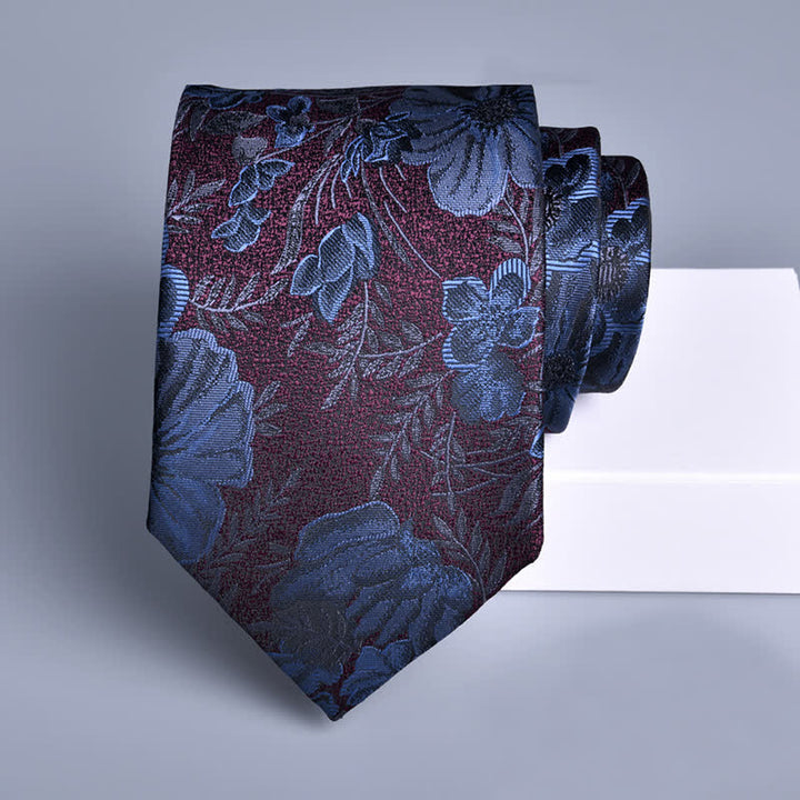 Corbata de boda con flores burdeos y azul marino para hombre