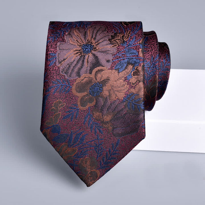 Corbata de hombre con estampado de hojas y flores en burdeos y azul marino