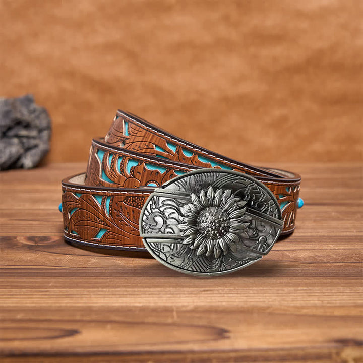 Cinturón de cuero con cuchillo plegable oculto de girasol para hombre