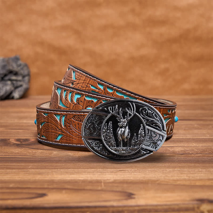 Cinturón de cuero con cuchillo plegable oculto con diseño de ciervo del bosque para hombre