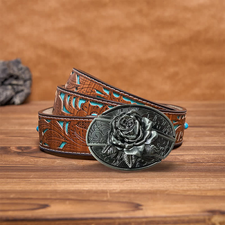 Cinturón de cuero con cuchillo plegable oculto estilo Western Rose para hombre, hecho a mano