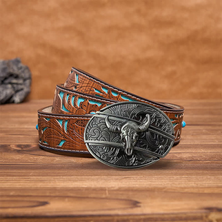 Cinturón de cuero con cuchillo plegable oculto de toro Longhorn para hombre