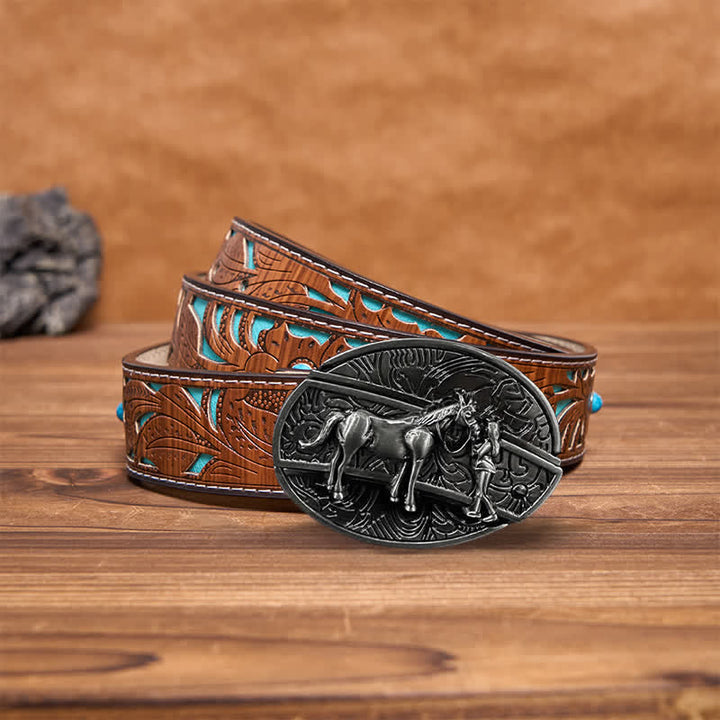 Cinturón de cuero con cuchillo plegable oculto de vaquera para hombre