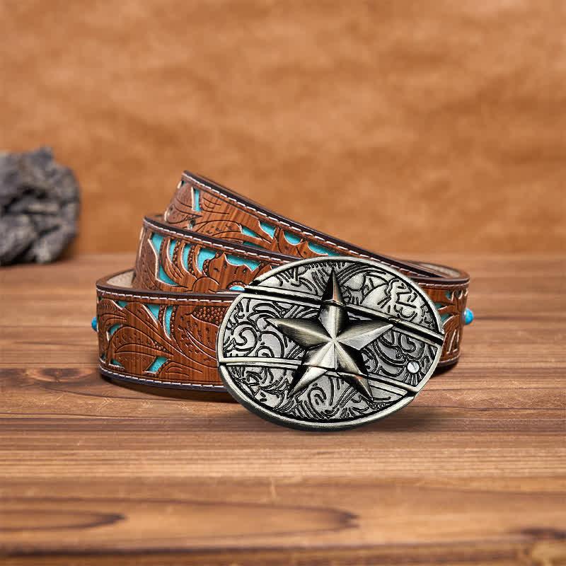 Cinturón de cuero con cuchillo plegable oculto con pentagrama para hombre
