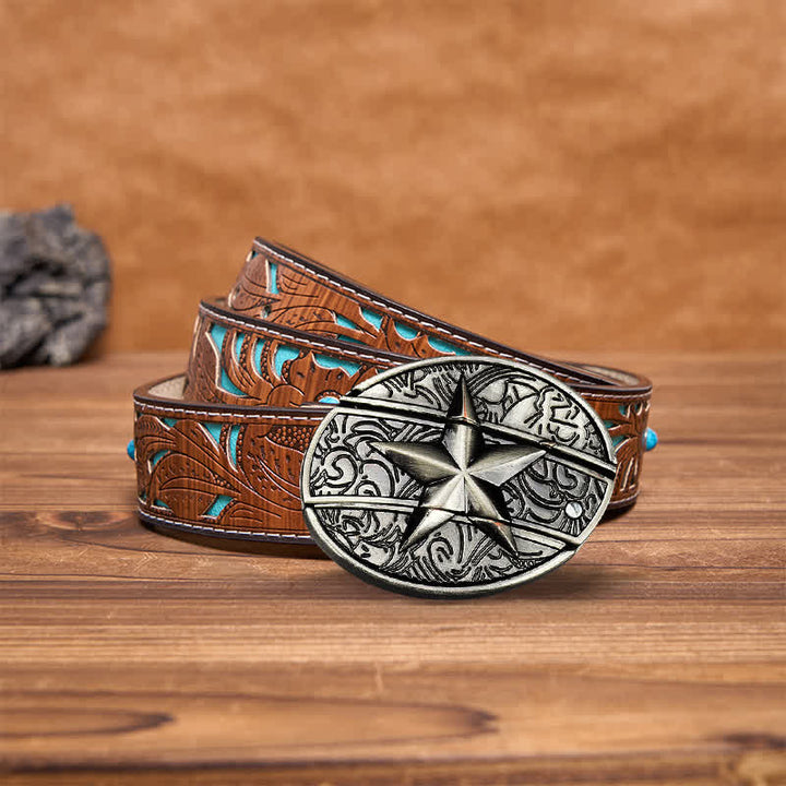 Cinturón de cuero con cuchillo plegable oculto con pentagrama para hombre