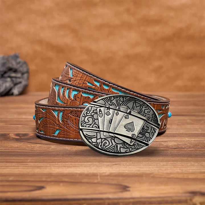 Cinturón de cuero con navaja plegable oculta Poker 4 Ace para hombre