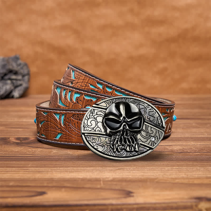 Cinturón de cuero con cuchillo plegable oculto con cabeza de calavera para hombre