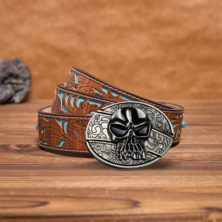 Cinturón de cuero con cuchillo plegable oculto con cabeza de calavera para hombre