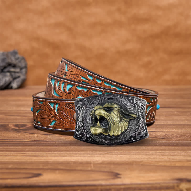 Cinturón de cuero con cuchillo plegable oculto de tigre para hombre, hecho a mano