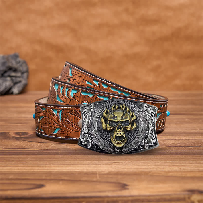 Cinturón de cuero con cuchillo plegable oculto con calavera en llamas para hombre