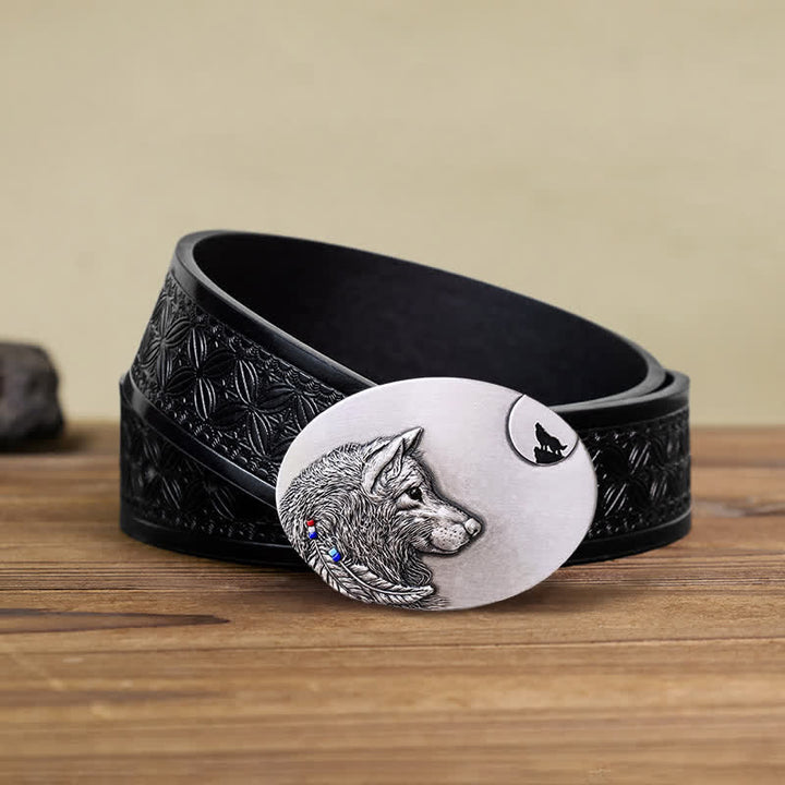Cinturón de cuero con hebilla de lobo indio para hombre hecho a mano