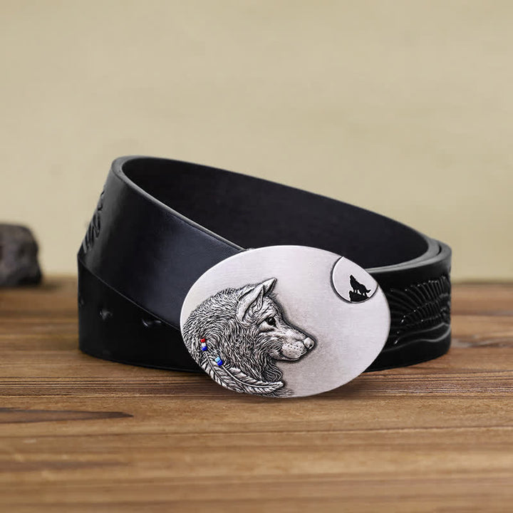 Cinturón de cuero con hebilla de lobo indio para hombre hecho a mano