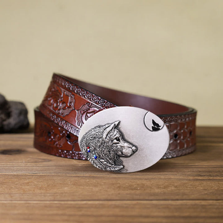 Cinturón de cuero con hebilla de lobo indio para hombre hecho a mano