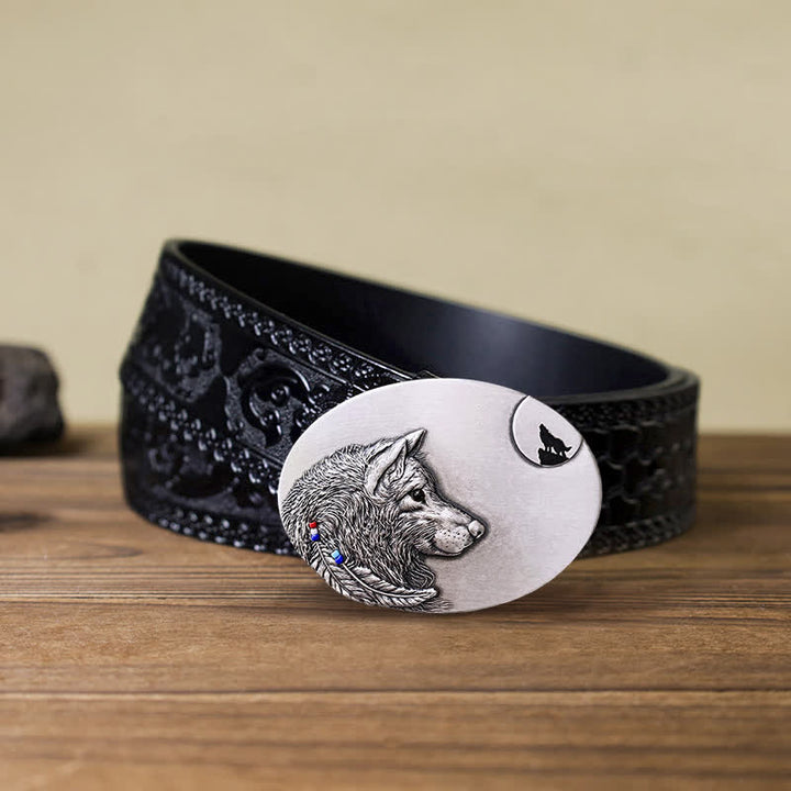 Cinturón de cuero con hebilla de lobo indio para hombre hecho a mano